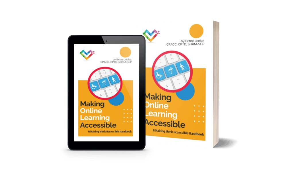 a black ebook reader sits in front of a paperback book, both covers are of Making Online Learning Accessible by Britne Jenke