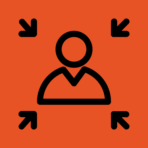 a person with arrows icon in black on an orange background