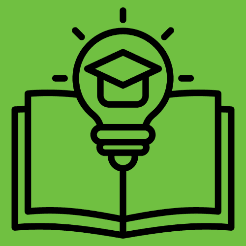 an open book with a graduation cap in a light bulb icon in black on a green background