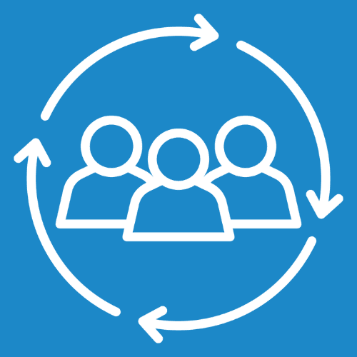 a group of 3 people in a circle of arrows icon in white on a blue background