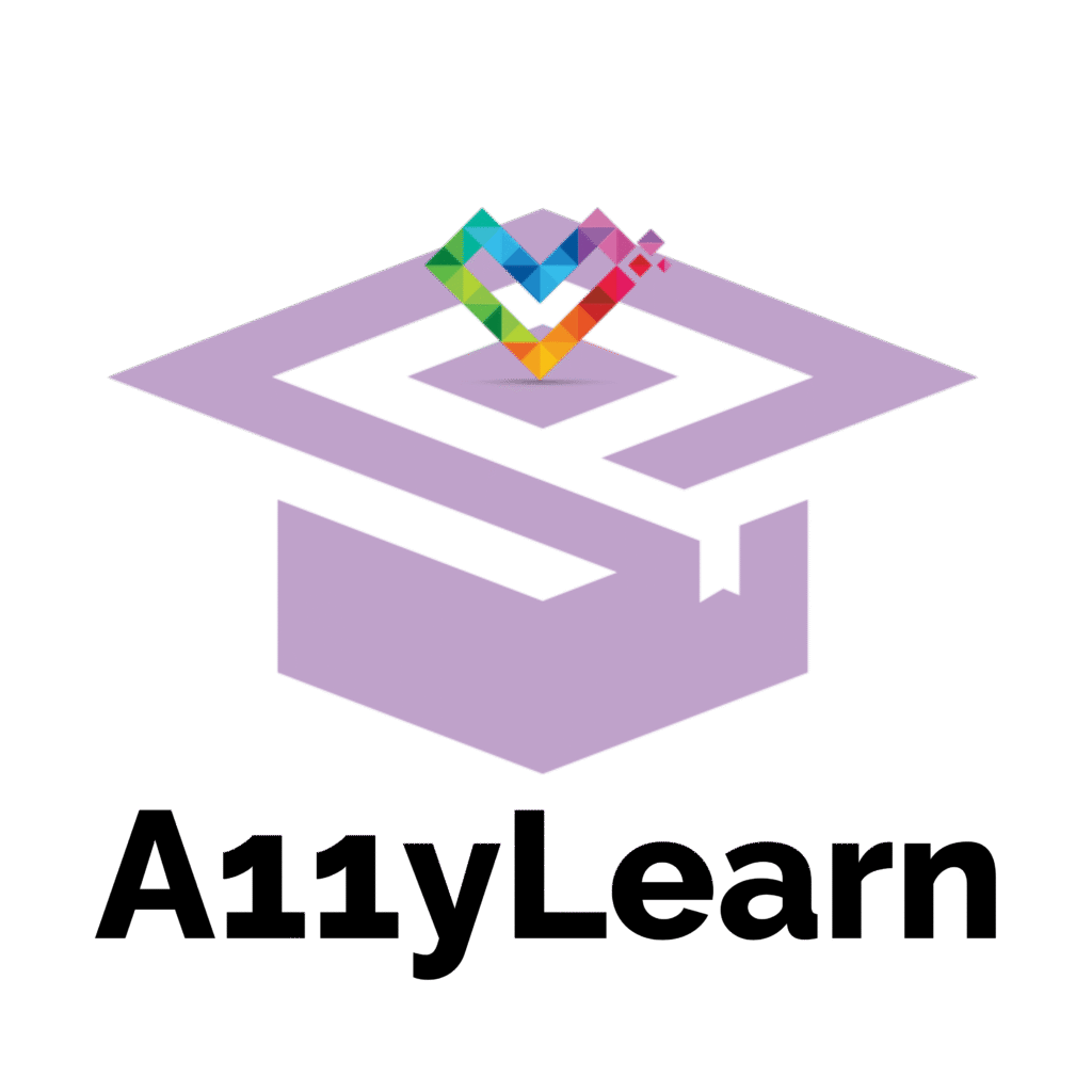 a11ylearn logo - a purple graduation cap with the Inclusive Pixelation rainbow heart logo on top