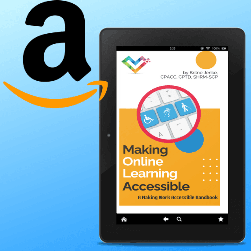the amazon logo and an ebook reader displaying the cover of Making Online Learning Accessible against a light blue gradient background