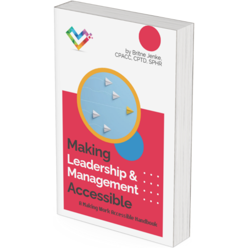 The cover of Making Leadership & Management Accessible, by Britne Jenke. The dominant color is a bold reddish pink, with an image of paper airplanes flying with one in the lead.
